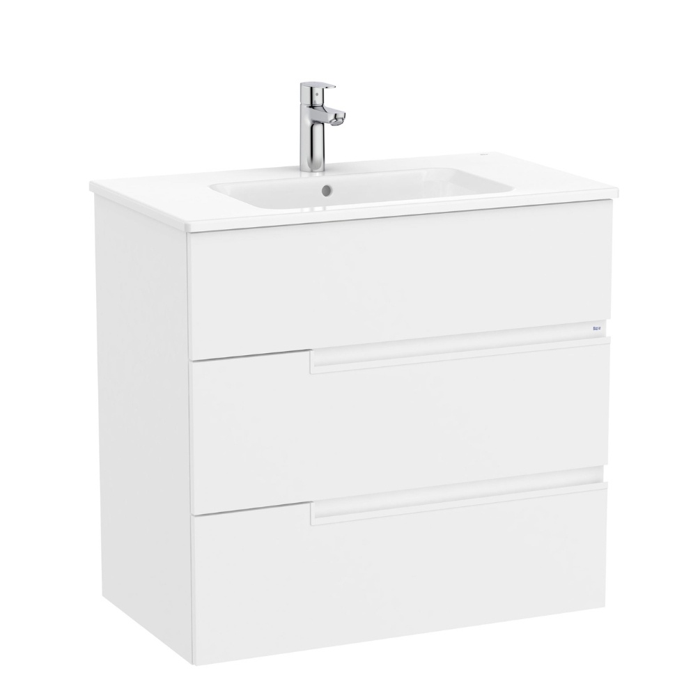 Product cut out image of the Roca Victoria-N Unik Matt White 800mm Wall Hung 3 Drawer Vanity Unit & Basin